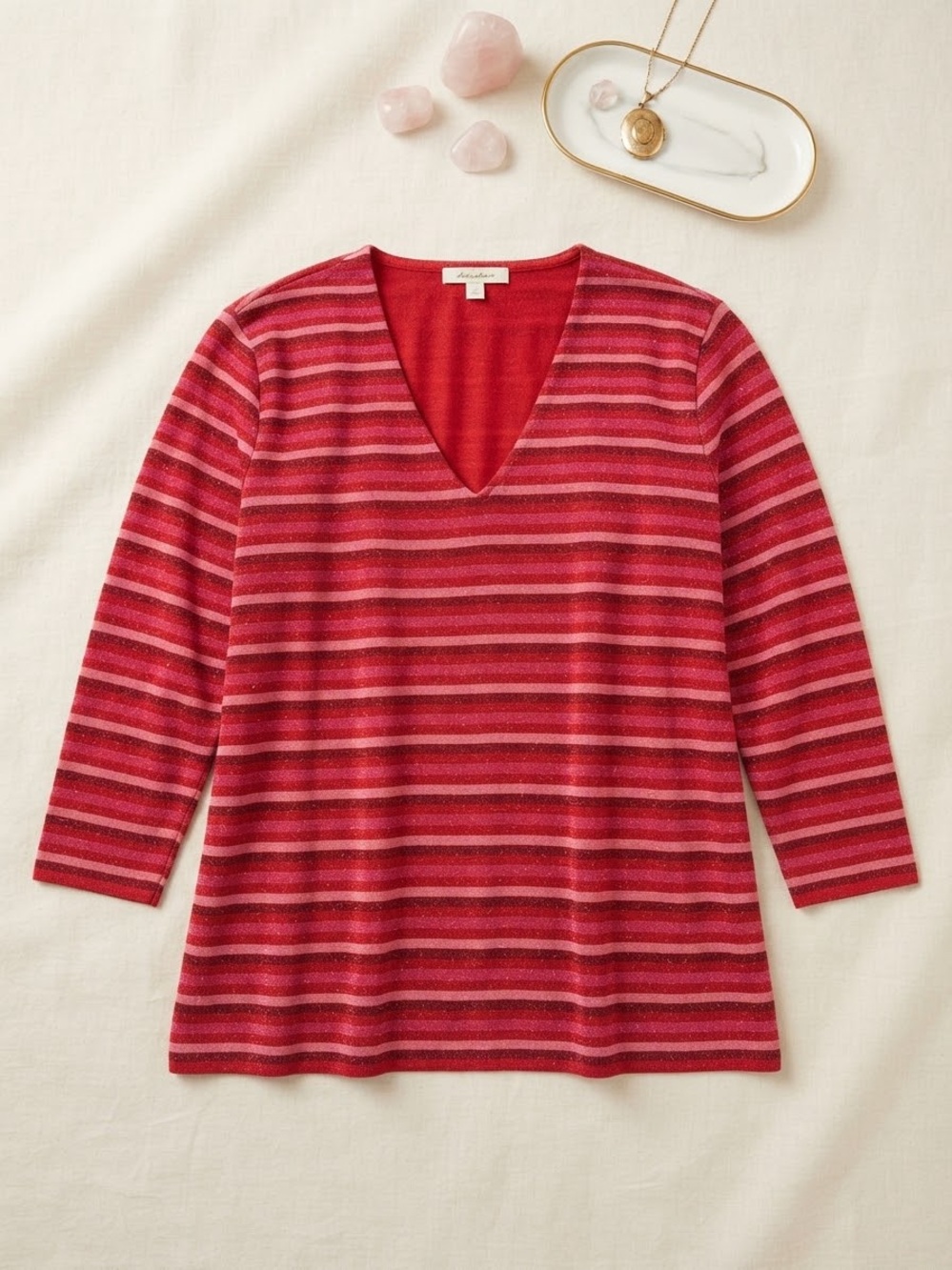 Venezia 1990s/Y2K pink metallic striped ladies pullover V-neck top size 18/20